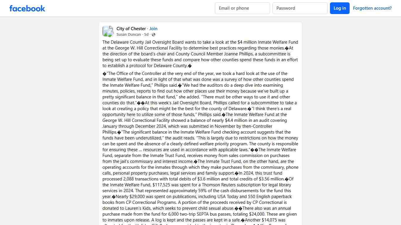 City of Chester The Delaware County Jail Oversight Board wants to take a look at the $4 million Inmate Welfare Fund at the George W Facebook